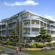 The waterline apartments are oriented to maximise north-facing apartment, building, commercial building, condominium, corporate headquarters, elevation, home, house, metropolitan area, mixed use, neighbourhood, property, real estate, residential area, teal