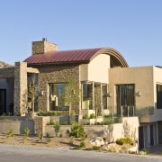 Exterior house red roof and yellow brick - building, elevation, estate, facade, home, house, neighbourhood, property, real estate, residential area, villa, window, teal