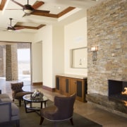 Lounge fire place chairs Tv brick wall ceiling ceiling, fireplace, floor, flooring, hearth, home, interior design, living room, real estate, room, wall, orange, brown