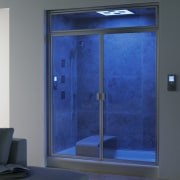 View of the Kohler Fountainhead shower featuring a bathroom, blue, door, glass, interior design, lighting, window, blue, gray