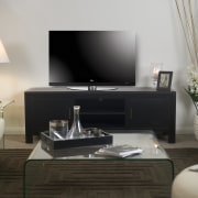 View of living area, with plasma screen tv coffee table, electronics, floor, furniture, interior design, living room, room, table, gray, black