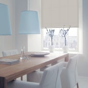 Hunter Douglas Greenscreen Generation sunscreen used in this chair, curtain, dining room, furniture, home, interior design, light fixture, lighting accessory, product design, room, shade, table, wall, window, window blind, window covering, window treatment, gray