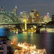 View of Sydney Harbour and the city - bridge, city, cityscape, downtown, dusk, evening, landmark, metropolis, metropolitan area, night, reflection, sky, skyline, skyscraper, tourist attraction, tower block, urban area, black