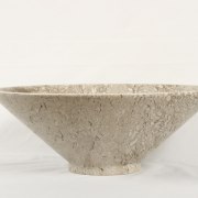 View of custom-designed stone vessel sinks crafted from bowl, ceramic, product design, tableware, white