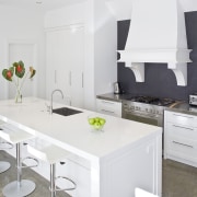 View of a modern styled kitchen which features countertop, cuisine classique, interior design, kitchen, room, white