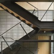 The main construction elements of concrete and wood angle, architecture, building, daylighting, glass, handrail, line, stairs, structure, black, gray