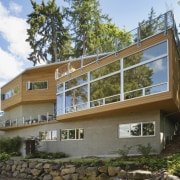 Western Red Cedar and concrete cover two distinct architecture, building, cottage, elevation, estate, facade, home, house, property, real estate, siding, window, brown