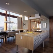 The kitchen is designed in a galley style cabinetry, countertop, cuisine classique, floor, flooring, hardwood, interior design, kitchen, room, wood flooring, gray