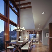 Double-height windows in the dining and kitchen area architecture, ceiling, daylighting, home, house, interior design, wood, gray