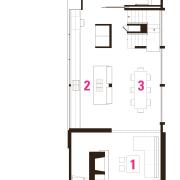 1 den, 2 kitchen, 3 dining, 4 lounge, architecture, area, design, facade, floor plan, line, plan, product, product design, property, square, white