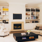 This newly renovated Herne Bay home features a furniture, hearth, home, interior design, living room, room, shelving, white, orange