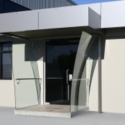 At Glasshape's head office, curved and toughend glass architecture, door, facade, house, property, white, black