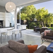 The entire 32ft-long rear wall of the pavilion architecture, home, house, interior design, living room, property, real estate, gray