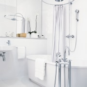 Chrome tapware and a rainhead shower above the bathroom, bathroom sink, ceramic, plumbing fixture, product, product design, room, tap, white