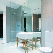A rainhead shower fitting, full-height mirror and furniture-style bathroom, bathroom accessory, bathroom cabinet, floor, glass, interior design, plumbing fixture, product design, room, sink, white