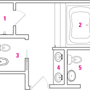 1 shower, 2 jacuzzi, 3 toilet and bidet, angle, area, design, diagram, drawing, font, furniture, line, pattern, product, product design, text, white, white