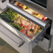 Compartmentalized interiors ensure all food is kept at food, furniture, kitchen appliance, gray