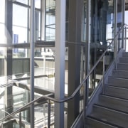 view of aluminium joinery designed and installed by building, daylighting, glass, handrail, stairs, structure, window, black, gray