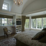 View of master bedroom which features a high architecture, bedroom, ceiling, daylighting, estate, home, house, interior design, living room, real estate, room, wall, window, window treatment, wood, gray, black