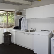 View of a laundry which was added to kitchen, laundry, laundry room, real estate, room, gray