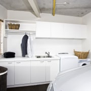 View of a laundry which was added to floor, house, interior design, kitchen, product design, room, white