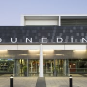 Dunedin's new International Airport is a light-fitted, modern building, commercial building, condominium, corporate headquarters, facade, mixed use, real estate, gray