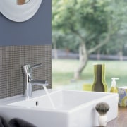 Grohe precision tapware makes an appropriate companion for bathroom, bathtub, ceramic, interior design, plumbing fixture, product design, sink, tap, gray, green