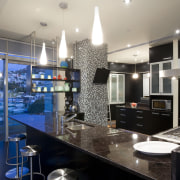 As the apartment has a high stud and countertop, interior design, kitchen, real estate, gray