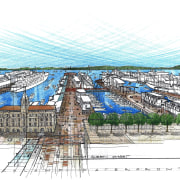 Artisits impression of development on Aucklands waterfront. area, land lot, residential area, structure, suburb, urban design, water resources, white