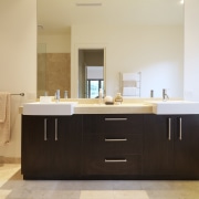 Bathroom, featuring vanity with dark-stained timber cabinetry, CaesarStone bathroom, bathroom accessory, bathroom cabinet, cabinetry, countertop, cuisine classique, interior design, kitchen, room, sink, orange, gray