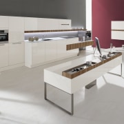 This emotoin kitchen features glossy white cabinetry with furniture, interior design, kitchen, product, product design, table, gray