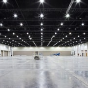Exhibtion halls were designed to provide maximum flexibility, airport terminal, ceiling, convention center, daylighting, hangar, leisure centre, lighting, structure, warehouse, black, gray