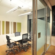 The new meeting rooms each featuring different colour architecture, ceiling, door, floor, flooring, glass, interior design, office, wall, window, white