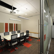 The new meeting rooms each featuring different colour ceiling, interior design, office, structure, gray, black