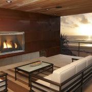 View of an outdoor fireplace supplied by The ceiling, fireplace, floor, flooring, interior design, living room, real estate, room, wood, brown