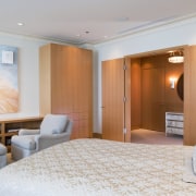 View of bedroom featuring bedroom room furnishings, artwork, bedroom, ceiling, interior design, real estate, room, suite, wall, gray