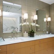 View of bathroom featuring vanity, basin, tapware, mirror, bathroom, countertop, home, interior design, kitchen, room, sink, tile, brown, gray