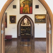 View of an arch-way looking back to the arch, door, home, interior design, brown, white