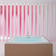 New Kohler bathroom fixtures include the Oblo faucet; bathroom, bathroom sink, bathtub, interior design, pink, plumbing fixture, product, product design, sink, tap, wall, gray