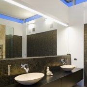 Image of master bathroom which has been designed architecture, bathroom, ceiling, floor, home, interior design, real estate, room, sink, tile, wall, white, brown