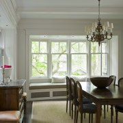 View of the dining area which features a ceiling, chair, dining room, furniture, home, interior design, living room, real estate, room, table, window, window covering, window treatment, gray