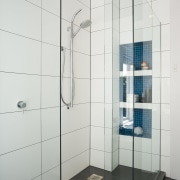 Image of the Shower enclosure showing the Shower angle, bathroom, floor, glass, plumbing fixture, product design, shower, tile, white