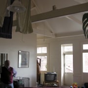 View of the loft before renovation. - View ceiling, daylighting, home, house, interior design, light fixture, room, window, gray, black