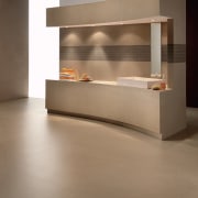 Image of the Kerlite Plus flooring and wall floor, flooring, furniture, hardwood, hearth, interior design, laminate flooring, product design, table, tile, wall, wood flooring, brown