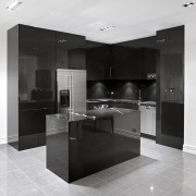 View of kitchen with porcelain tiled flooring, kitchen black, black and white, cabinetry, countertop, floor, flooring, interior design, kitchen, product design, tile, white, black