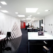 The Swissnex Shanghai office eatures twisted resin strips, ceiling, conference hall, furniture, interior design, office, product design, white, black