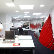 The Swissnex Shanghai office eatures twisted resin strips, conference hall, interior design, office, white