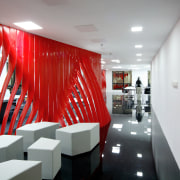 The Swissnex Shanghai office eatures twisted resin strips, architecture, ceiling, design, interior design, lobby, wall, gray, red