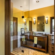 Image of bathroom which features a glass shower bathroom, cabinetry, ceiling, countertop, floor, flooring, home, interior design, kitchen, real estate, room, brown, orange