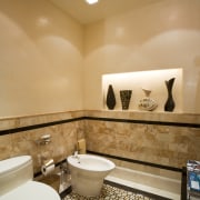 View of the master bathroom which is entered bathroom, ceiling, floor, flooring, home, interior design, room, sink, tile, wall, orange, brown